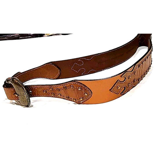 Chicos Brown Leather Western Style Belt + Buckle Size M Adjustable - Picture 2 of 6
